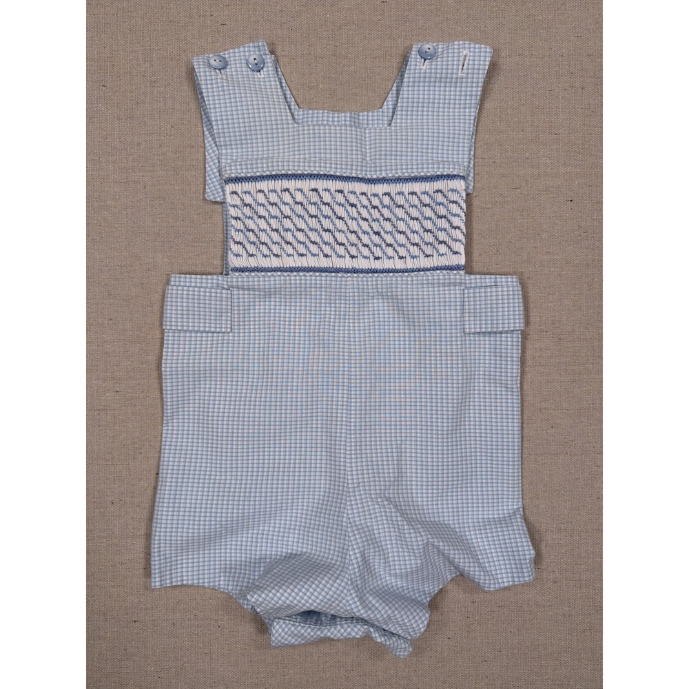 Vintage Smocked Baby Boy Jon Jon Romper Blue Gingham Check One Piece Sleeveless